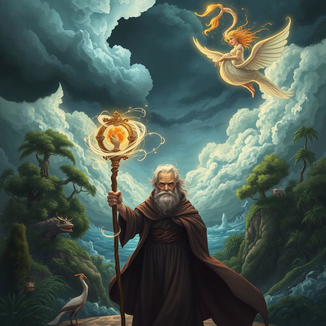 A captivating illustration inspired by Shakespeare's "The Tempest," showcasing an enchanted island setting