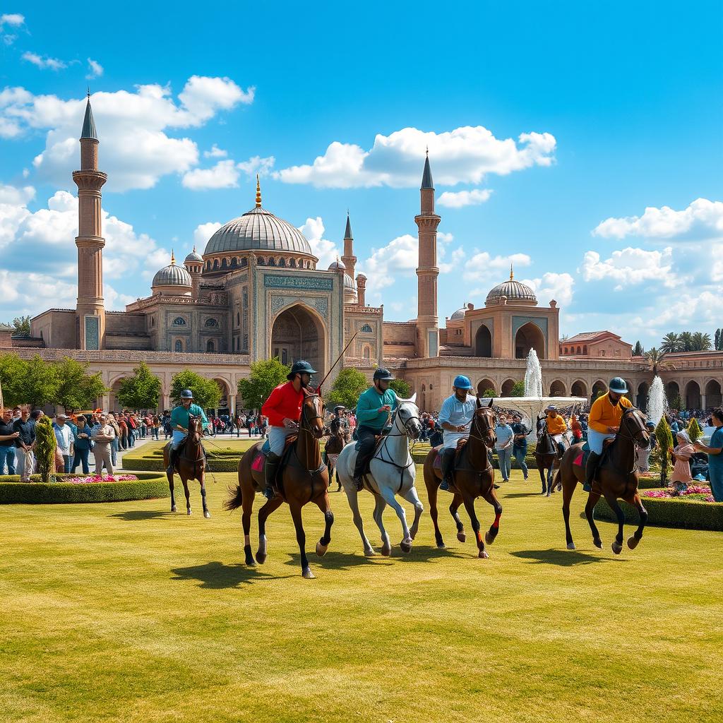 A vibrant scene capturing a polo game taking place in Naqsh Jahan Square, Isfahan