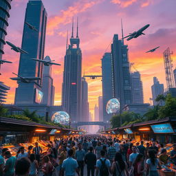 A futuristic cityscape at dusk, showcasing towering skyscrapers with neon lights and flying cars