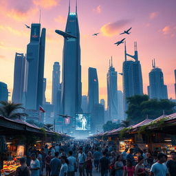 A futuristic cityscape at dusk, showcasing towering skyscrapers with neon lights and flying cars