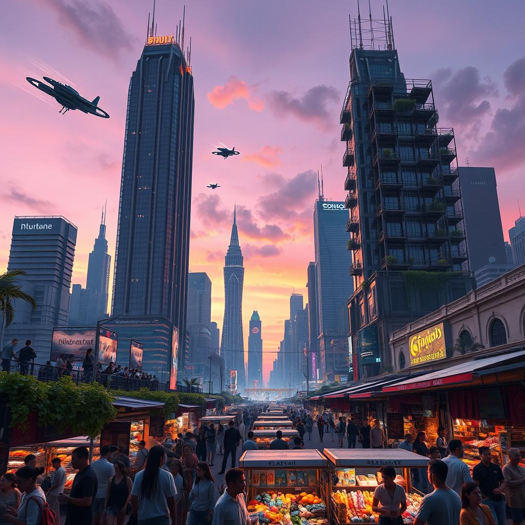 A futuristic cityscape at dusk, showcasing towering skyscrapers with neon lights and flying cars