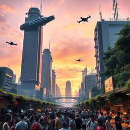 A futuristic cityscape at dusk, showcasing towering skyscrapers with neon lights and flying cars