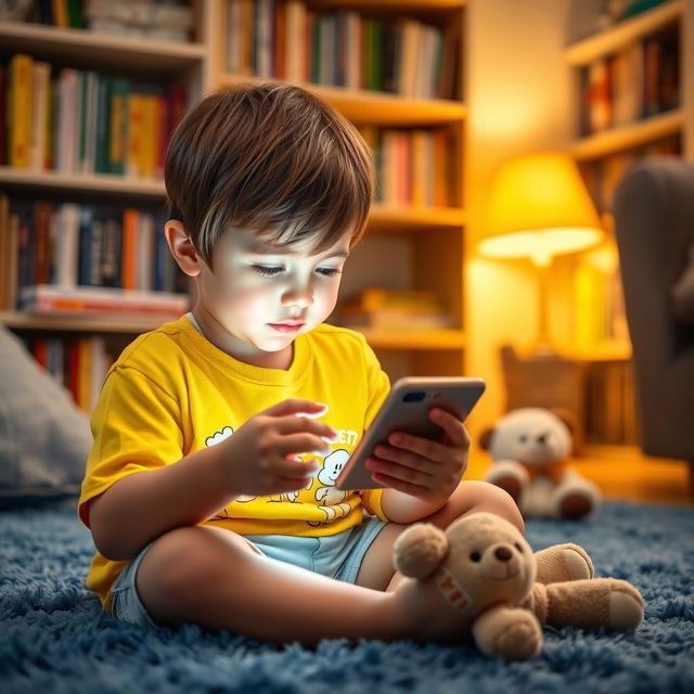 A child sitting in a cozy living room, engrossed in using a cellphone