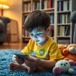 A child sitting in a cozy living room, engrossed in using a cellphone