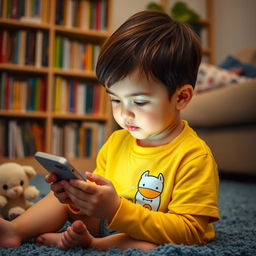 A child sitting in a cozy living room, engrossed in using a cellphone