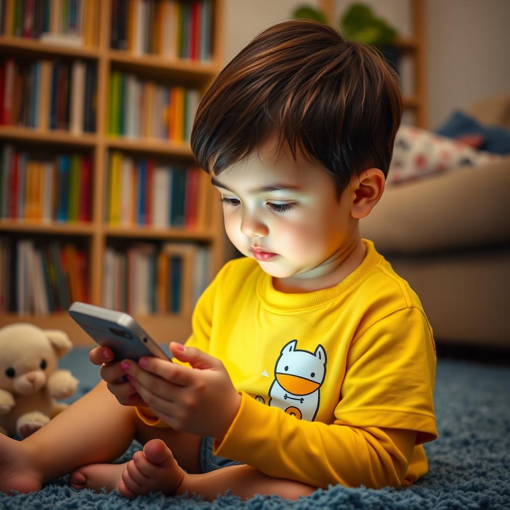 A child sitting in a cozy living room, engrossed in using a cellphone