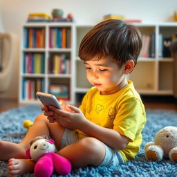 A child sitting in a cozy living room, engrossed in using a cellphone