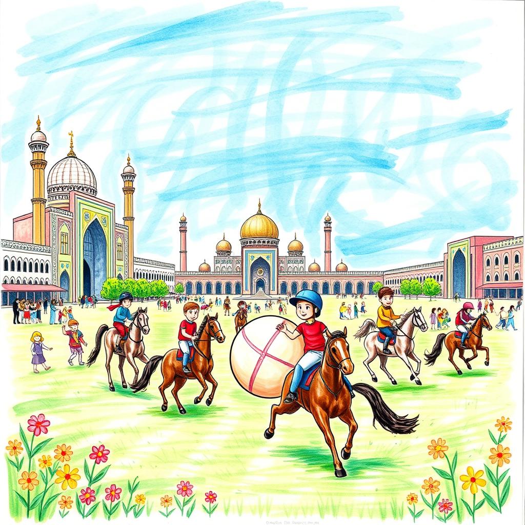 A colorful and imaginative children's drawing depicting a polo game happening in Naqsh Jahan Square in Isfahan, Iran