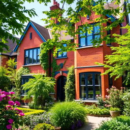 A charming villa in London constructed with beautiful red bricks, surrounded by lush greenery and vibrant foliage