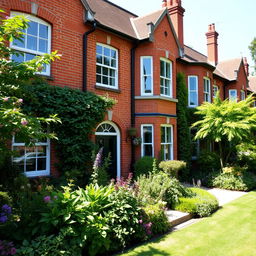 A charming villa in London constructed with beautiful red bricks, surrounded by lush greenery and vibrant foliage