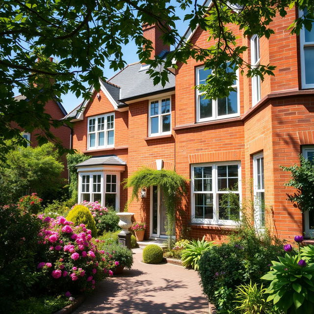 A charming villa in London constructed with beautiful red bricks, surrounded by lush greenery and vibrant foliage