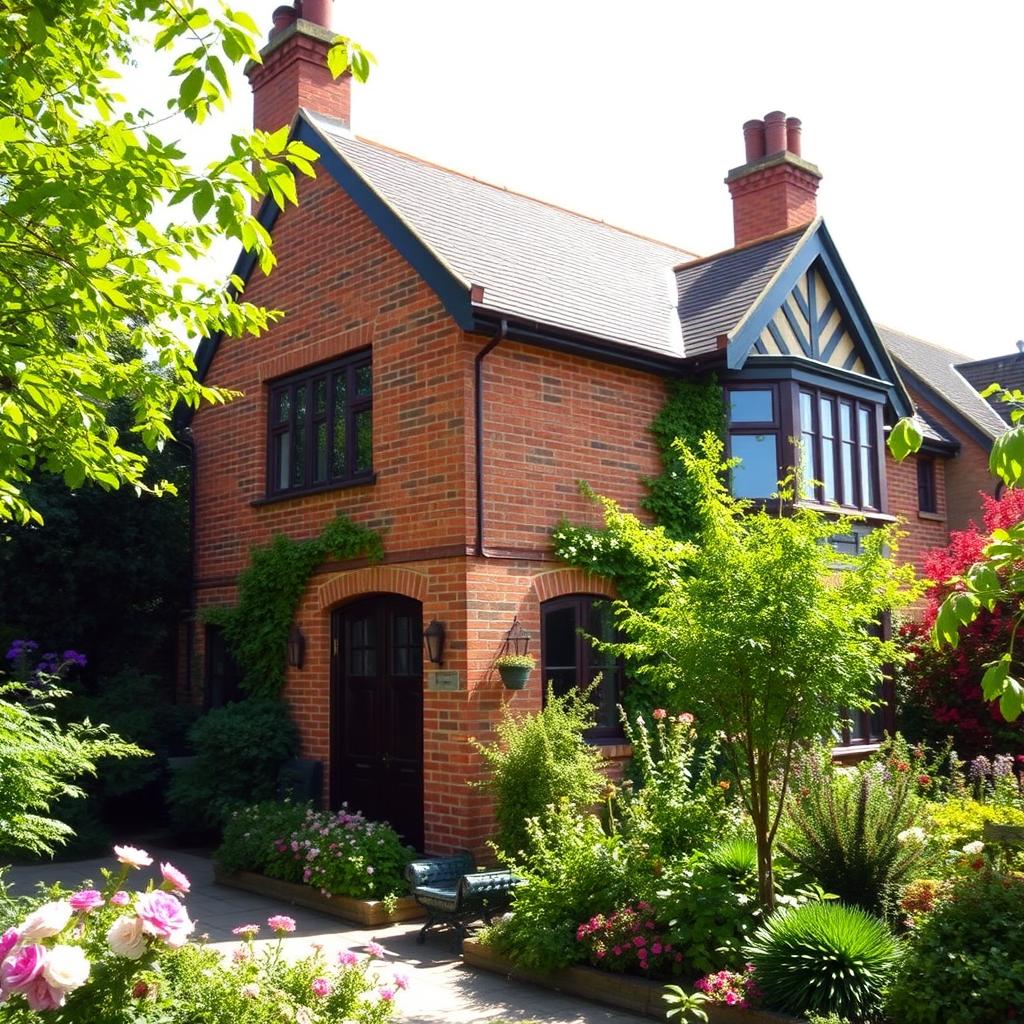 A charming villa in London constructed with beautiful red bricks, surrounded by lush greenery and vibrant foliage
