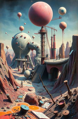 A conceptual artwork inspired by David Lynch's surreal and visionary style, featuring an abstract landscape that blends dreamlike elements with absurdist motifs