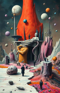 A conceptual artwork inspired by David Lynch's surreal and visionary style, featuring an abstract landscape that blends dreamlike elements with absurdist motifs