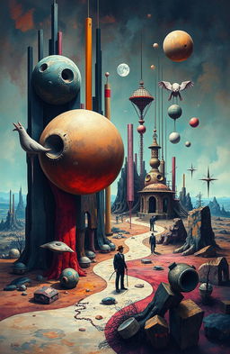 A conceptual artwork inspired by David Lynch's surreal and visionary style, featuring an abstract landscape that blends dreamlike elements with absurdist motifs