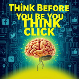 A thought-provoking poster design featuring the phrase 'Think Before You Click' prominently displayed in bold typography
