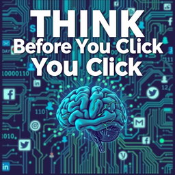 A thought-provoking poster design featuring the phrase 'Think Before You Click' prominently displayed in bold typography