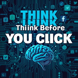 A thought-provoking poster design featuring the phrase 'Think Before You Click' prominently displayed in bold typography