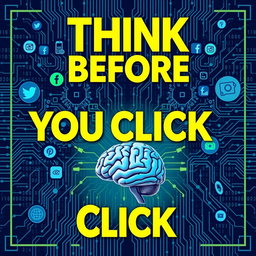 A thought-provoking poster design featuring the phrase 'Think Before You Click' prominently displayed in bold typography