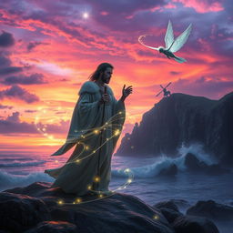 A dream-like scene from 'The Tempest' by William Shakespeare, featuring an ethereal island landscape at twilight