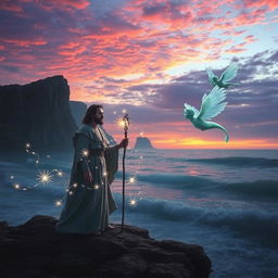 A dream-like scene from 'The Tempest' by William Shakespeare, featuring an ethereal island landscape at twilight