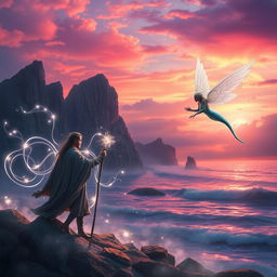 A dream-like scene from 'The Tempest' by William Shakespeare, featuring an ethereal island landscape at twilight