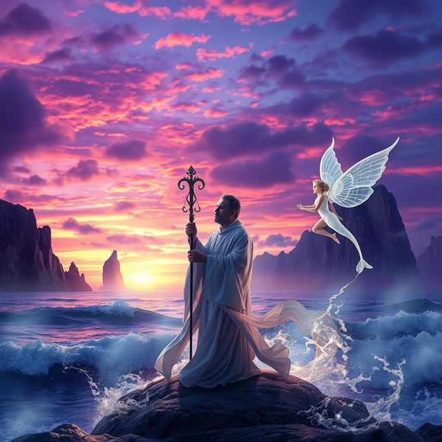 A dream-like scene from 'The Tempest' by William Shakespeare, featuring an ethereal island landscape at twilight