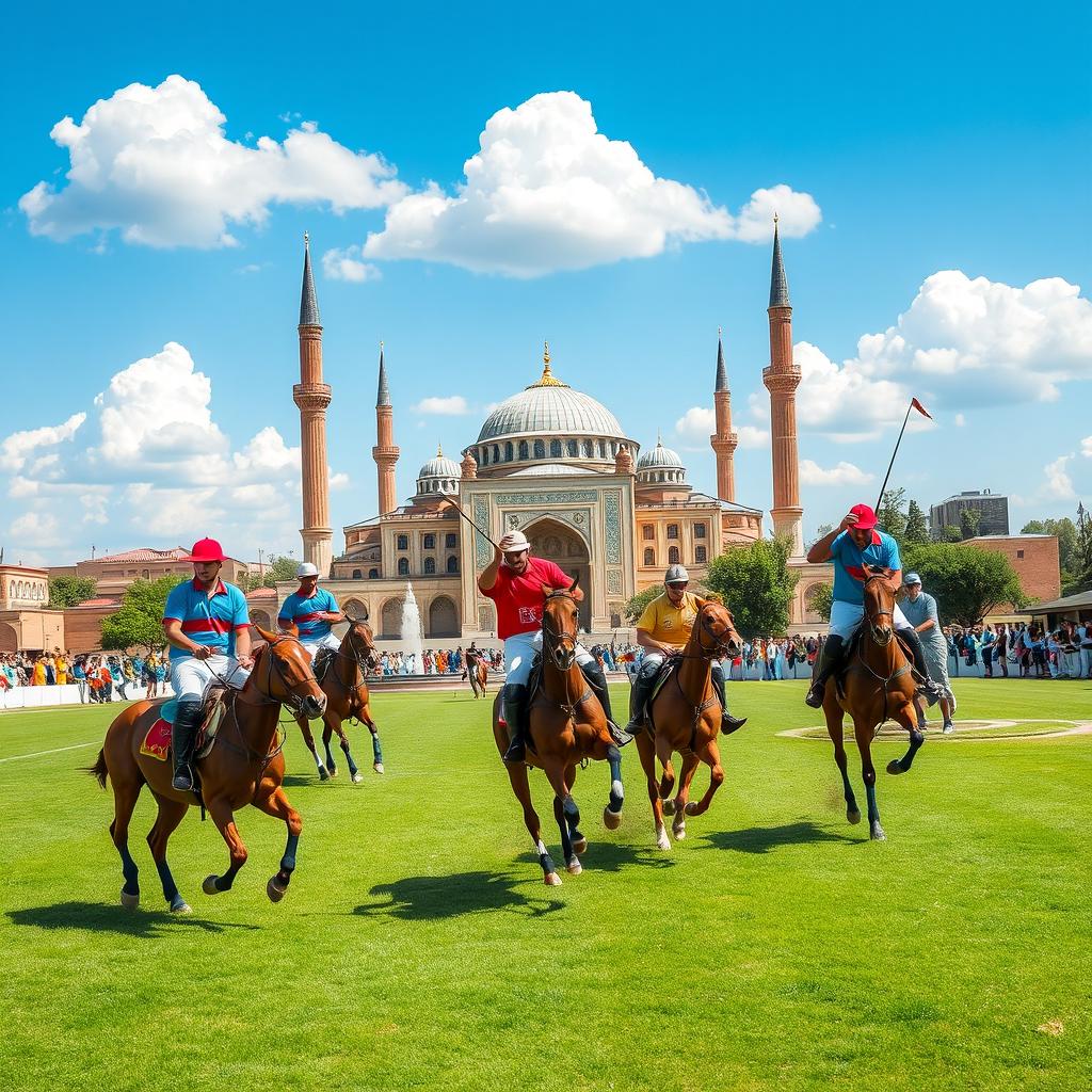 A vibrant and dynamic scene capturing an exciting polo game taking place in Naqsh Jahan Square, Isfahan