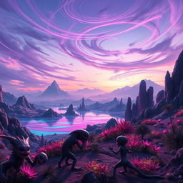 A futuristic and sleek alien landscape showcasing the planet Azile, featuring vibrant, bioluminescent flora and unique, colorful rock formations