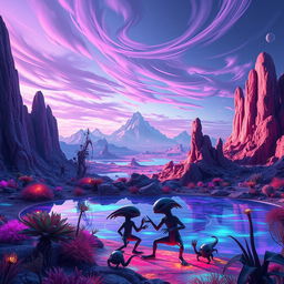 A futuristic and sleek alien landscape showcasing the planet Azile, featuring vibrant, bioluminescent flora and unique, colorful rock formations