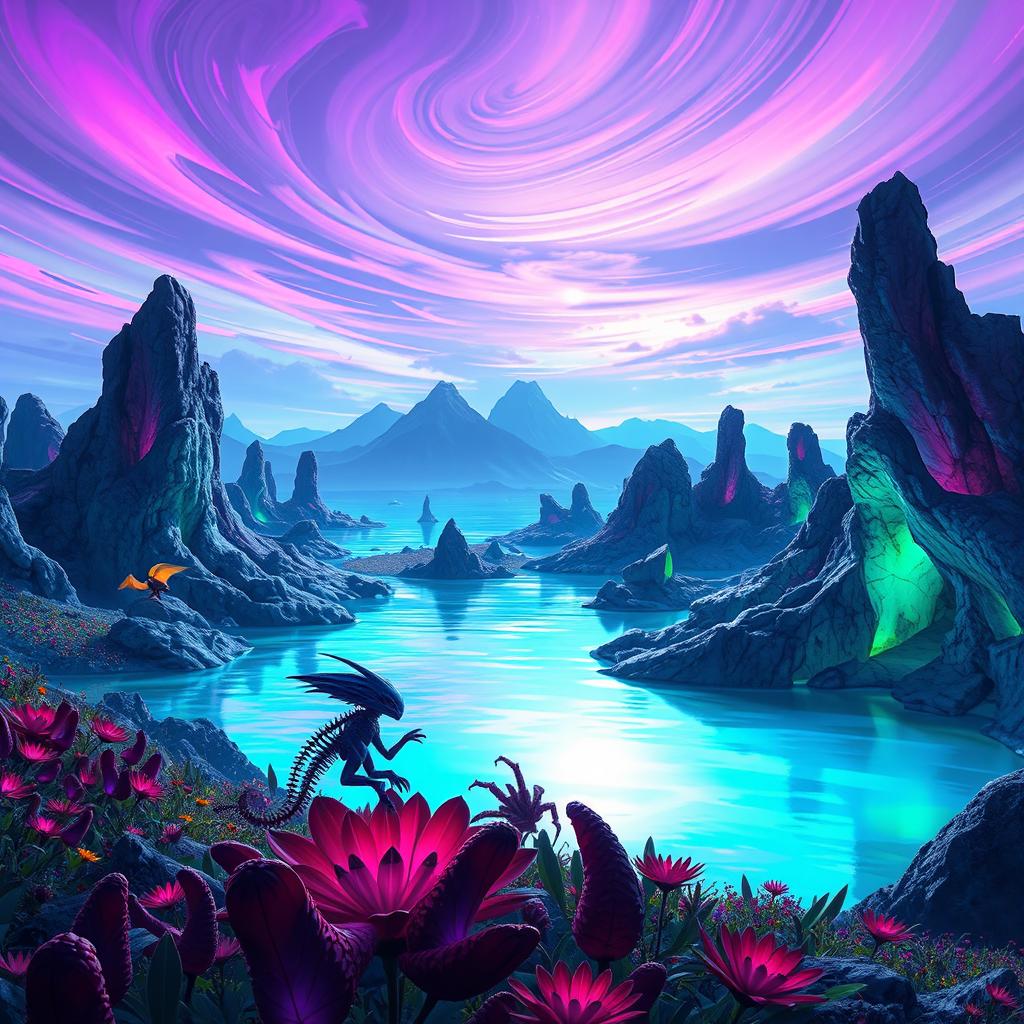 A futuristic and sleek alien landscape showcasing the planet Azile, featuring vibrant, bioluminescent flora and unique, colorful rock formations