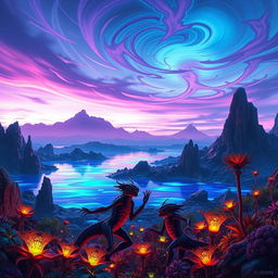 A futuristic and sleek alien landscape showcasing the planet Azile, featuring vibrant, bioluminescent flora and unique, colorful rock formations