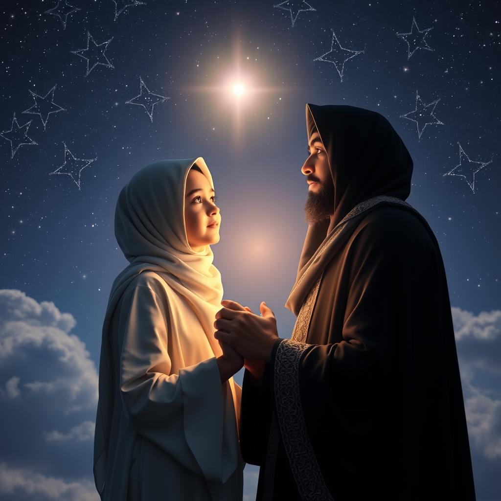 An 18-year-old girl dressed fully in a hijab, holding hands with Imam Mahdi, whose face radiates a soft, glowing light, in a spiritual nighttime setting filled with stars