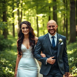 A young Italian woman with long, dark wavy hair and striking blue eyes, elegantly dressed in a beautiful wedding gown, walking through a serene forest