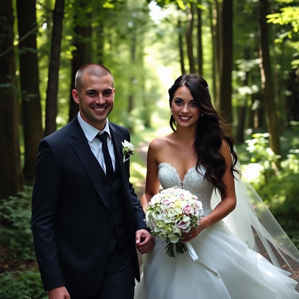 A young Italian woman with long, dark wavy hair and striking blue eyes, elegantly dressed in a beautiful wedding gown, walking through a serene forest