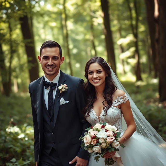 A young Italian woman with long, dark wavy hair and striking blue eyes, elegantly dressed in a beautiful wedding gown, walking through a serene forest