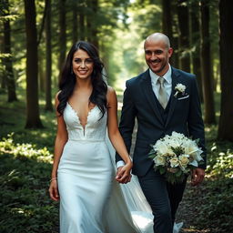 A young Italian woman with long, dark wavy hair and striking blue eyes, elegantly dressed in a beautiful wedding gown, walking through a serene forest