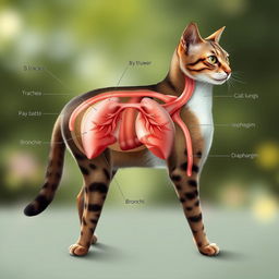 A highly detailed and accurate anatomical illustration of the respiratory system of a cat