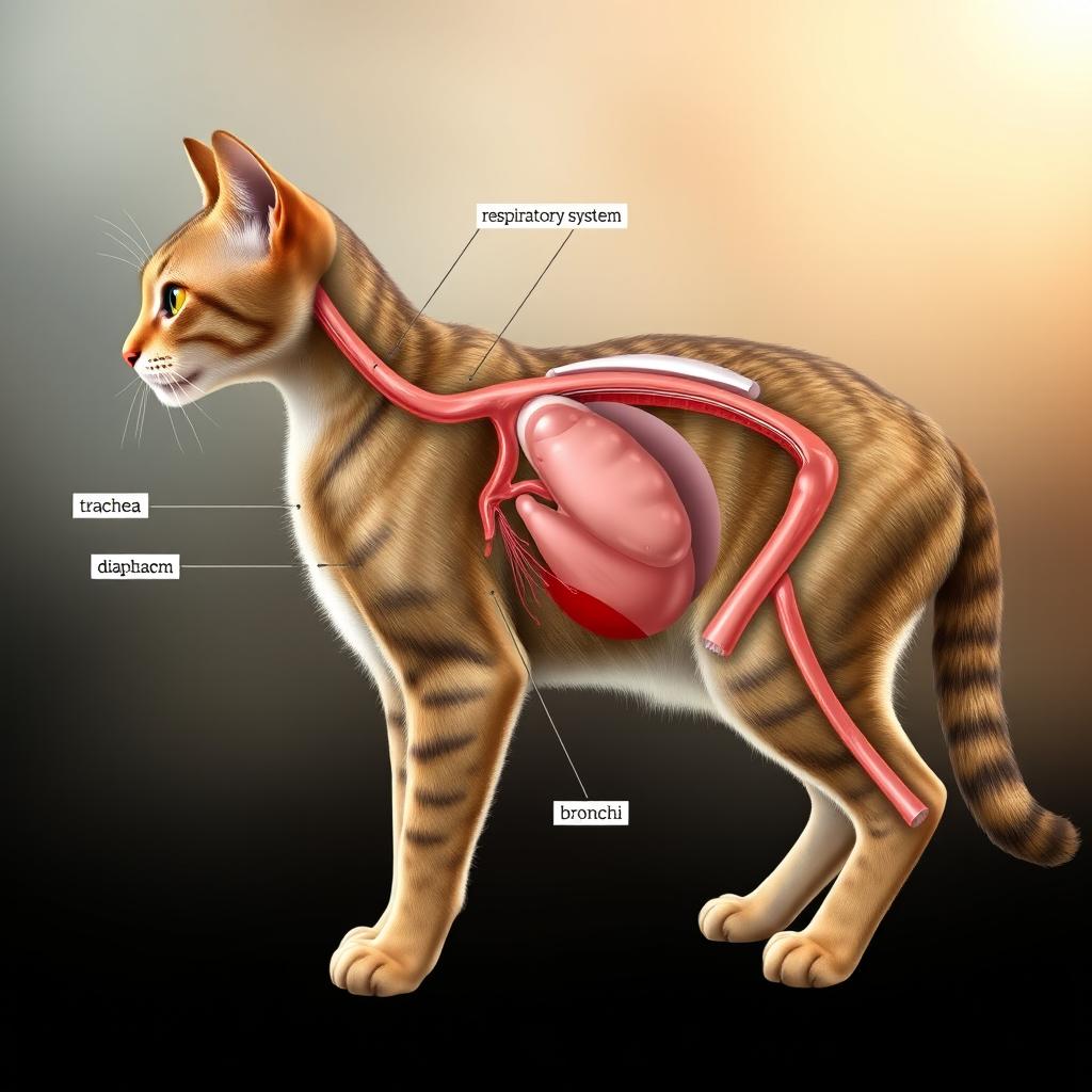 A highly detailed and accurate anatomical illustration of the respiratory system of a cat
