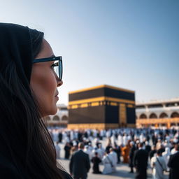 A woman with long black hair, wearing a stylish headscarf and elegant clothing, observing the Kaaba in Mecca through fashionable eyeglasses