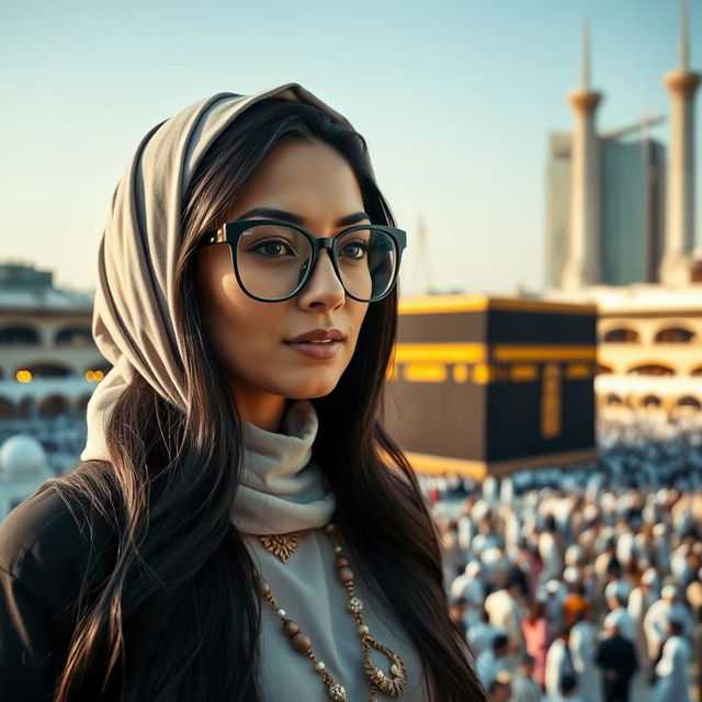 A woman with long black hair, wearing a stylish headscarf and elegant clothing, observing the Kaaba in Mecca through fashionable eyeglasses