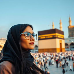 A woman with long black hair, wearing a stylish headscarf and elegant clothing, observing the Kaaba in Mecca through fashionable eyeglasses