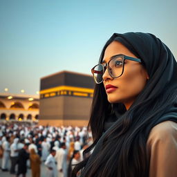 A woman with long black hair, wearing a stylish headscarf and elegant clothing, observing the Kaaba in Mecca through fashionable eyeglasses
