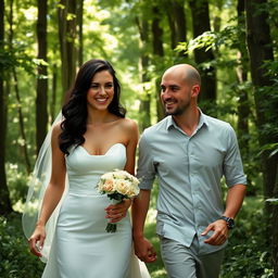 A young Italian woman with dark long wavy hair and striking blue eyes, wearing a beautiful wedding dress, excitedly walking through a lush green forest with her British partner, a man with a shaved head