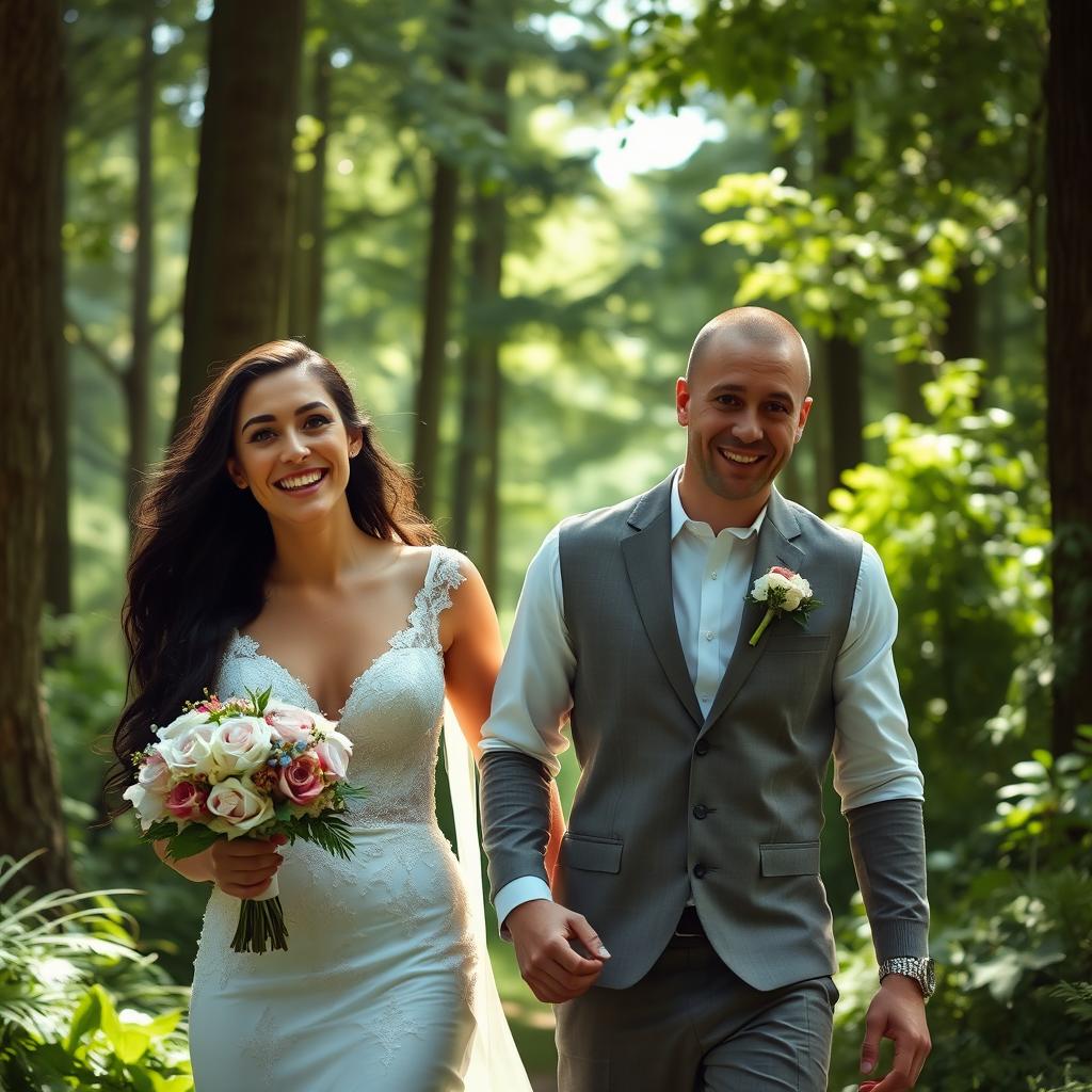 A young Italian woman with dark long wavy hair and striking blue eyes, wearing a beautiful wedding dress, excitedly walking through a lush green forest with her British partner, a man with a shaved head