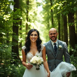 A young Italian woman with dark long wavy hair and striking blue eyes, wearing a beautiful wedding dress, excitedly walking through a lush green forest with her British partner, a man with a shaved head