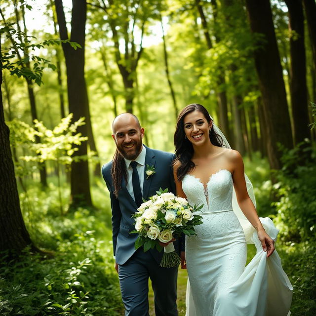 A young Italian woman with dark long wavy hair and striking blue eyes, wearing a beautiful wedding dress, excitedly walking through a lush green forest with her British partner, a man with a shaved head