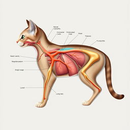 An ultra-detailed anatomical illustration of a cat's respiratory system, showcasing the intricate structures such as the nasal cavity, trachea, bronchi, and lung lobes