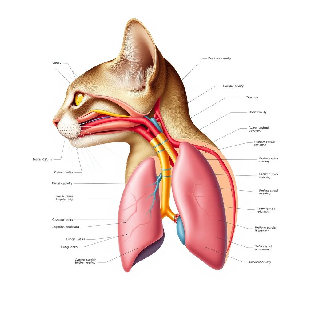 An ultra-detailed anatomical illustration of a cat's respiratory system, showcasing the intricate structures such as the nasal cavity, trachea, bronchi, and lung lobes