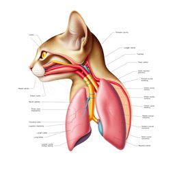 An ultra-detailed anatomical illustration of a cat's respiratory system, showcasing the intricate structures such as the nasal cavity, trachea, bronchi, and lung lobes